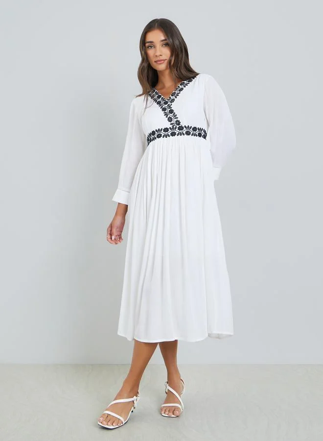 Styli Women White Embroidery Lace A-Line Midi Dress